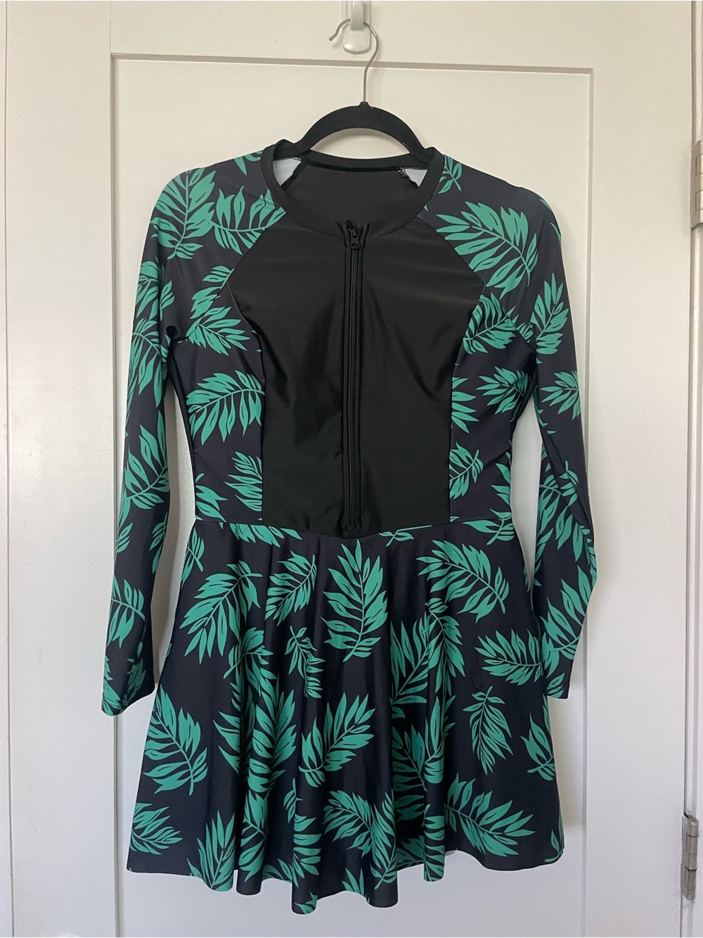 SHEIN Black Long-Sleeve One-Piece Swim Dress with Teal Leaf Print